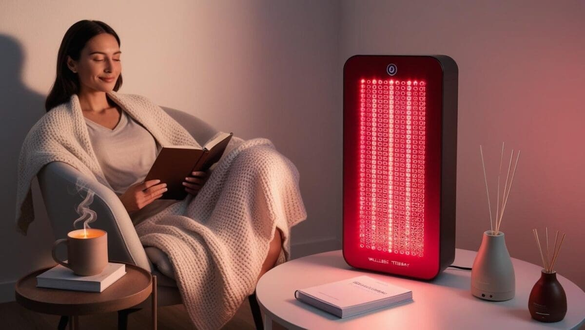 Red light therapy setup with a glowing panel in a calming room setting, surrounded by wellness tools for supporting mental health, mood, and emotional balance.