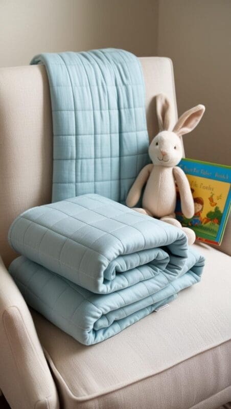 Completed handmade weighted blanket for kids, folded with soft fabric and quilted texture.