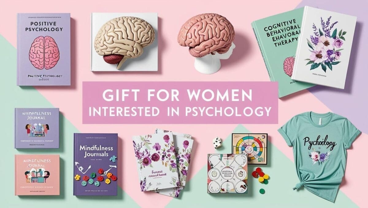 a dynamic page with items for a psychologist like books, brain anatomy model, mindfulness journals, board games, psychology Tshirt. Bold overlay text "Gift for women intrested in psychology". Use light femine colors.