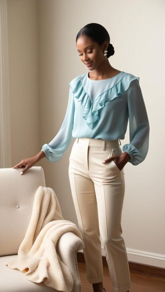 Therapist wearing a romantic sky blue blouse and white pants in a counseling office