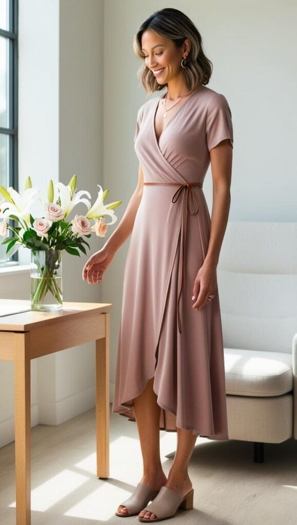 Female therapist wearing a soft mauve wrap dress, standing beside a vase of lilies and roses in a bright, minimalist office setting.