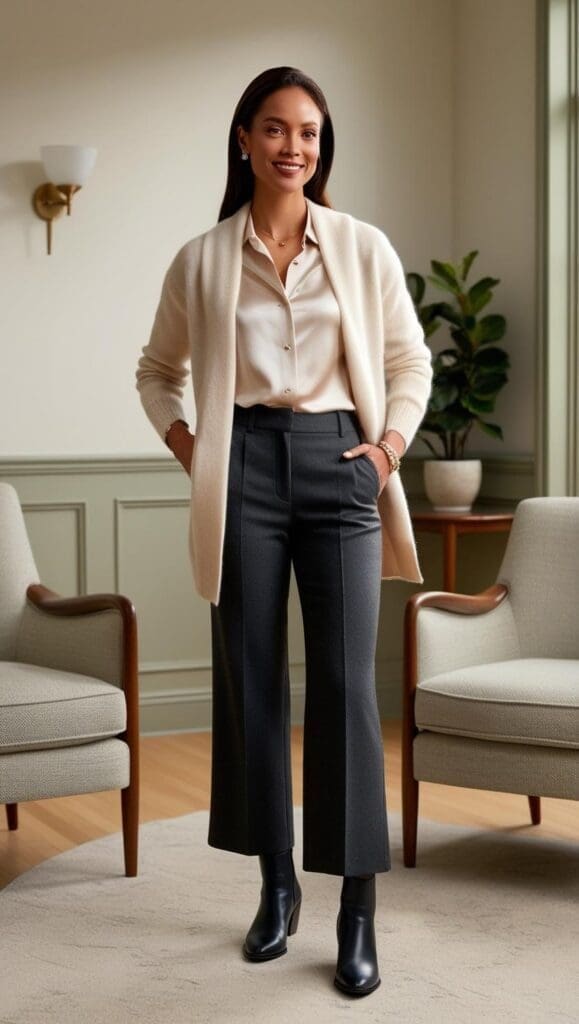 Therapist wearing a cream cardigan over a silky beige blouse and charcoal dress pants, standing in a softly lit office with sage green paneling and modern armchairs.