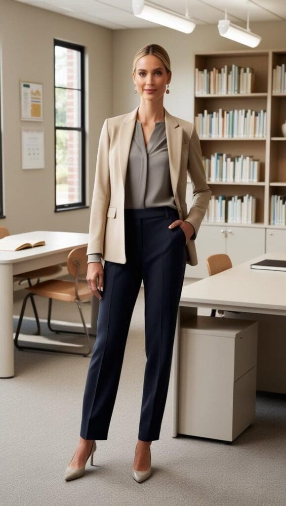 Therapist wearing a beige blazer, gray blouse, and navy trousers, standing in a bright, book-filled office or counseling space with neutral tones.