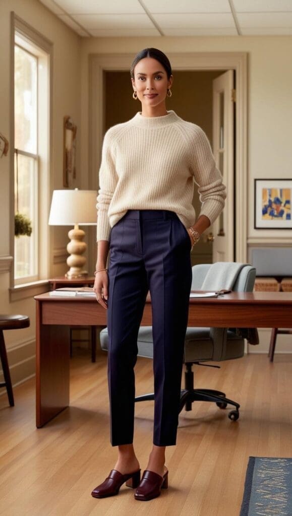 Therapist wearing a cashmere sweater anddark blue pants in a counseling office