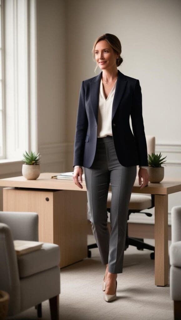 Therapist wearing a tailored navy blazer and grey pants in a counseling office