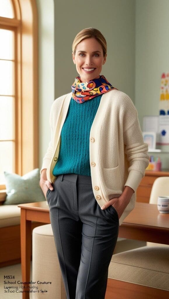 Close-up of a woman styling a vibrant silk scarf around her neck, paired with gold hoop earrings and a neutral blazer.