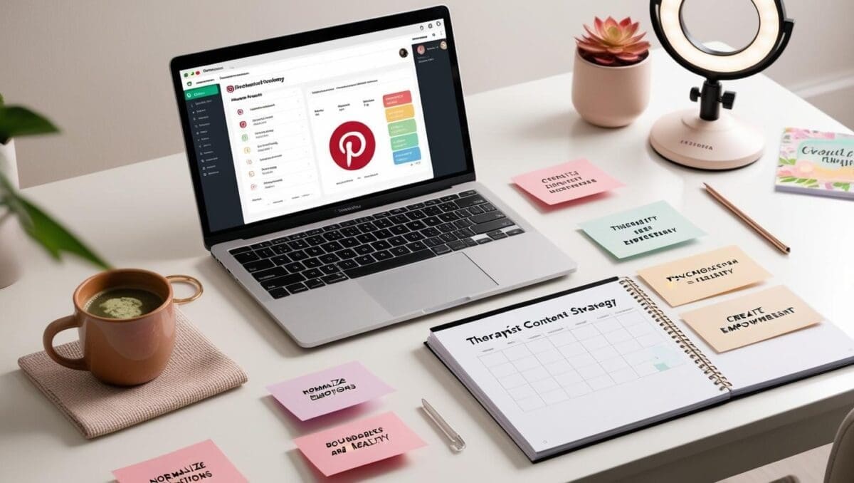 Therapist desk setup with social media strategy tools, content calendar, calming workspace decor, and inspirational prompts for ethical online engagement.