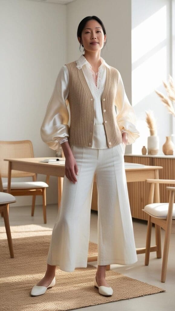 Therapist dressed in a cream blouse with lace details and a beige knit vest, paired with wide-leg ivory trousers, standing in a softly lit, minimalist office with natural wood furniture and pampas grass decor.