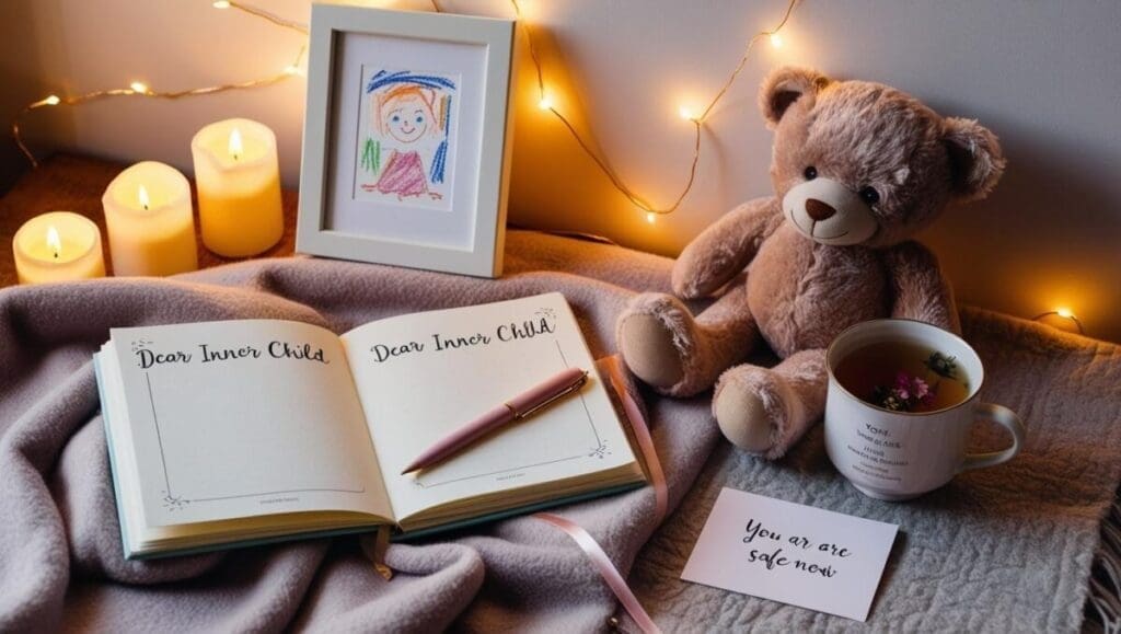 Gentle self-reflection journaling setup with nostalgic childhood elements, open journal titled “Dear Inner Child,” and cozy healing decor.