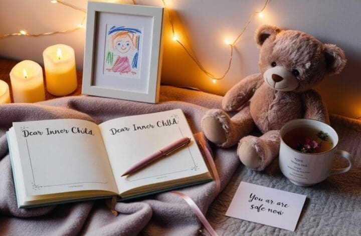 Gentle self-reflection journaling setup with nostalgic childhood elements, open journal titled “Dear Inner Child,” and cozy healing decor.