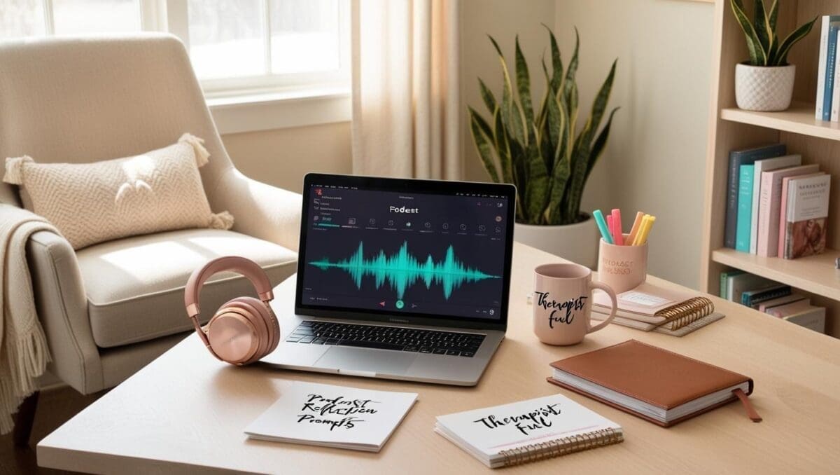 Therapist’s desk with podcast player on screen, headphones, journaling tools, and a cozy office backdrop promoting podcast use in therapy.