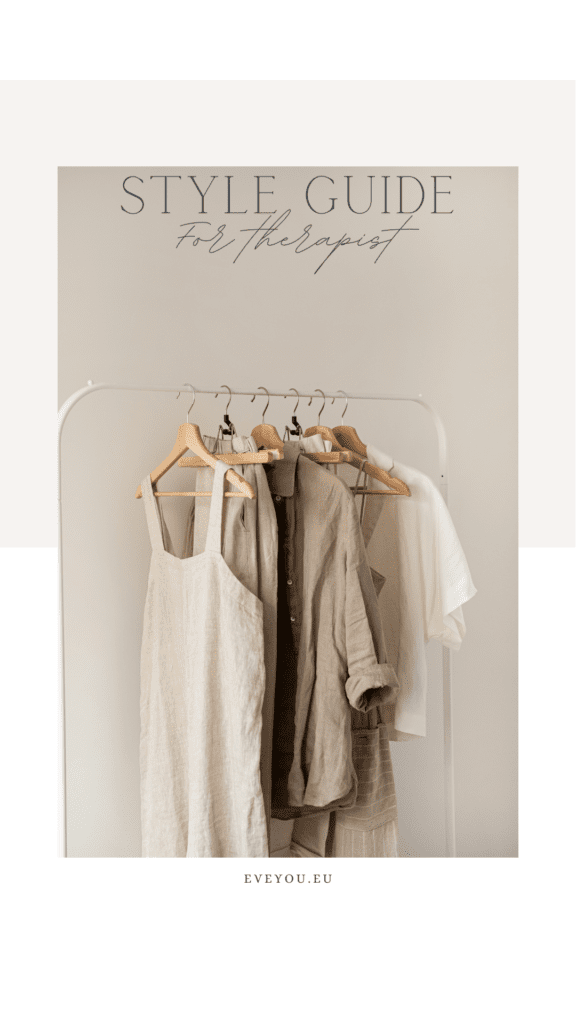 Neutral-toned linen and cotton clothing on wooden hangers, displayed on a minimalist white garment rack with the title ‘Style Guide for Therapist’ above.