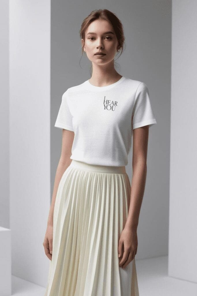 Therapist wearing aT-shirt with text I hear you on it and plated skirt