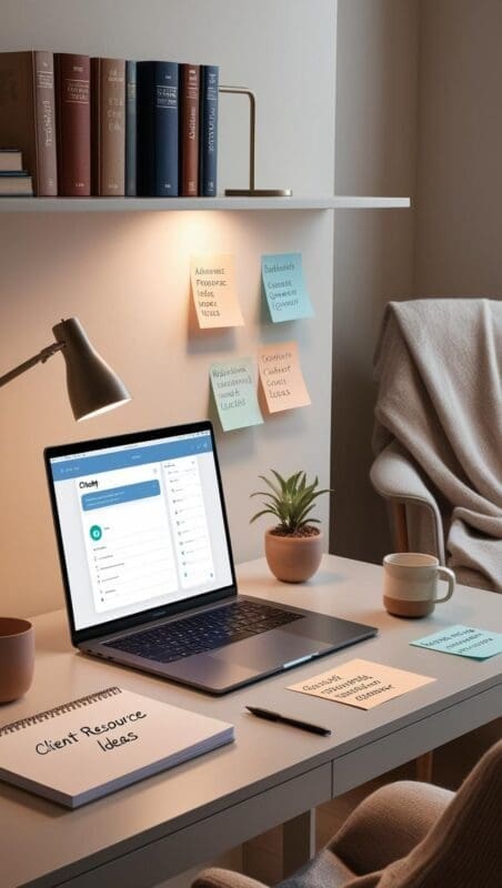 Modern therapist workspace with AI tools on screen, digital planner, calming decor, and productivity accessories that support therapy practice and content creation.