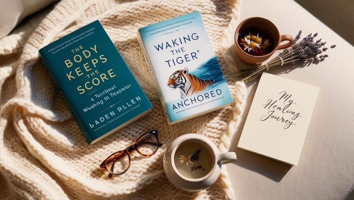 Flat lay of popular books on trauma, anxiety, and nervous system healing with cozy elements like tea, notepad, and blanket to suggest self-reflection and emotional wellness.