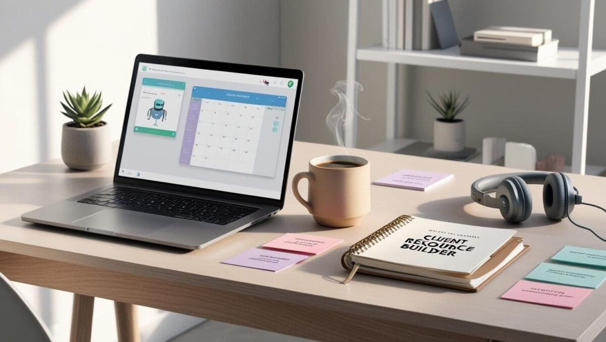 Modern therapist workspace with laptop showing AI tools, digital planner, headphones, and organized tech elements designed to support counseling workflow.
