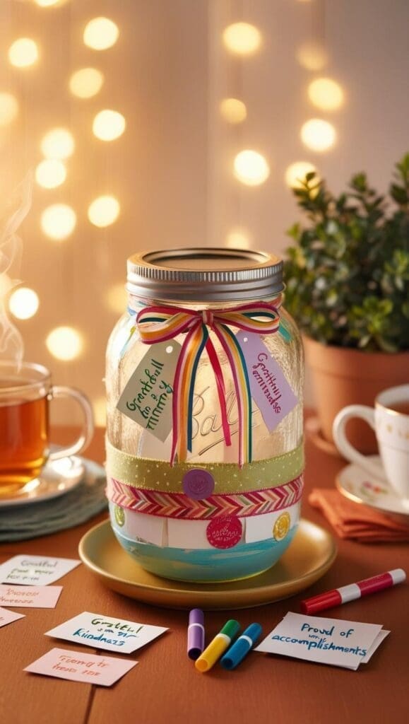 gratitude jar decorated with Valentine's Day themes

