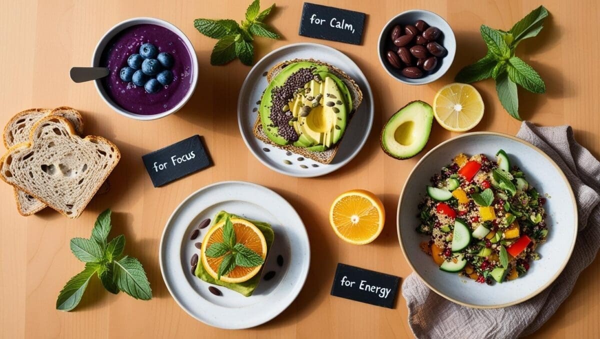 Mood-boosting recipes arranged on a table, including brain-healthy dishes like smoothie bowls, quinoa salad, avocado toast, and calming snacks for emotional well-being.