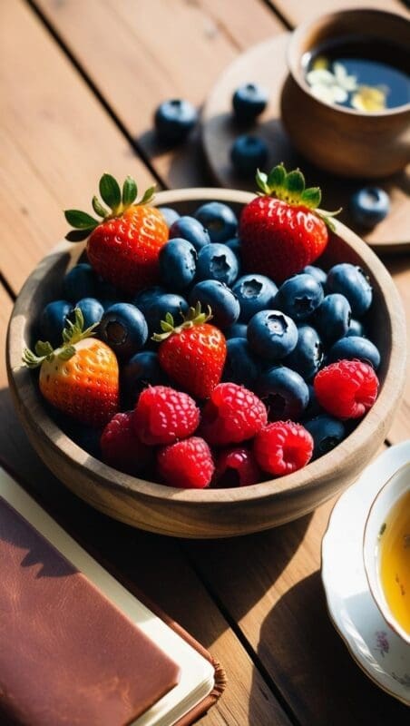 Colorful berries in a bowl on a wooden table, representing antioxidant-rich foods for mood support.