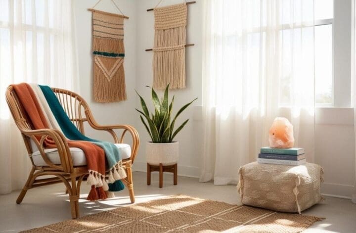 Boho-style counseling office with cozy rattan chair, woven textiles, greenery, and warm lighting for a relaxed and welcoming therapy space.