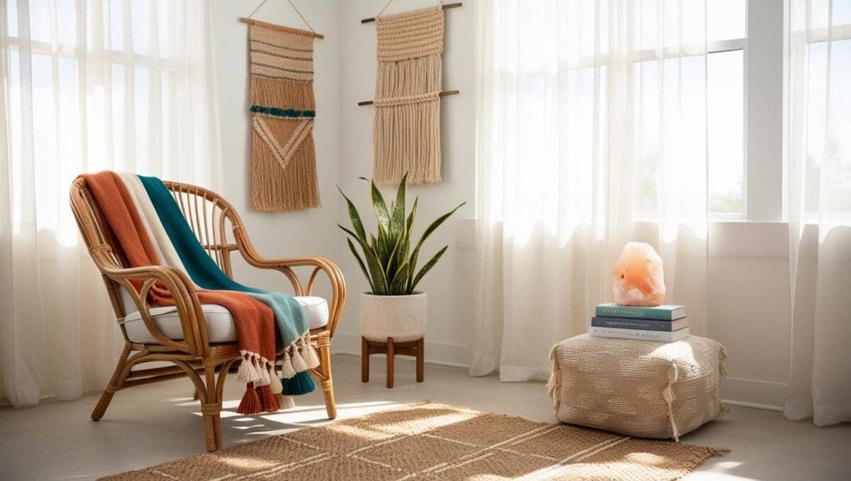 Boho-style counseling office with cozy rattan chair, woven textiles, greenery, and warm lighting for a relaxed and welcoming therapy space.