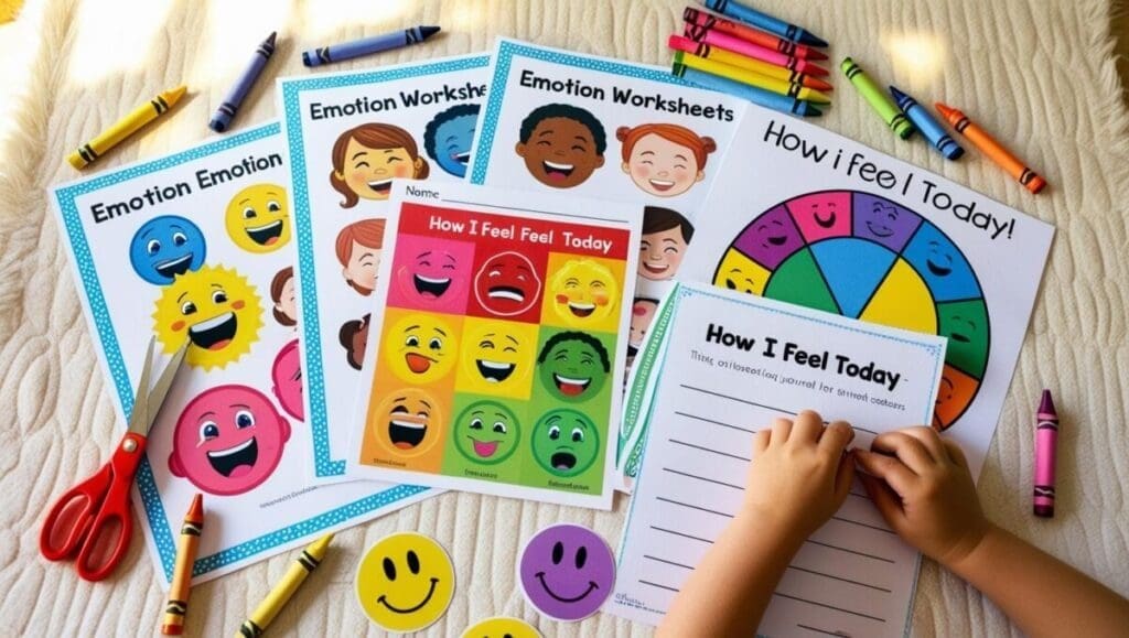 Colorful emotion worksheets for kids surrounded by crayons, stickers, and playful learning tools on a sunny classroom or home therapy table.