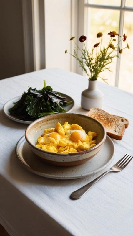 Scrambled eggs served with toast and greens, styled for brain health and emotional balance.