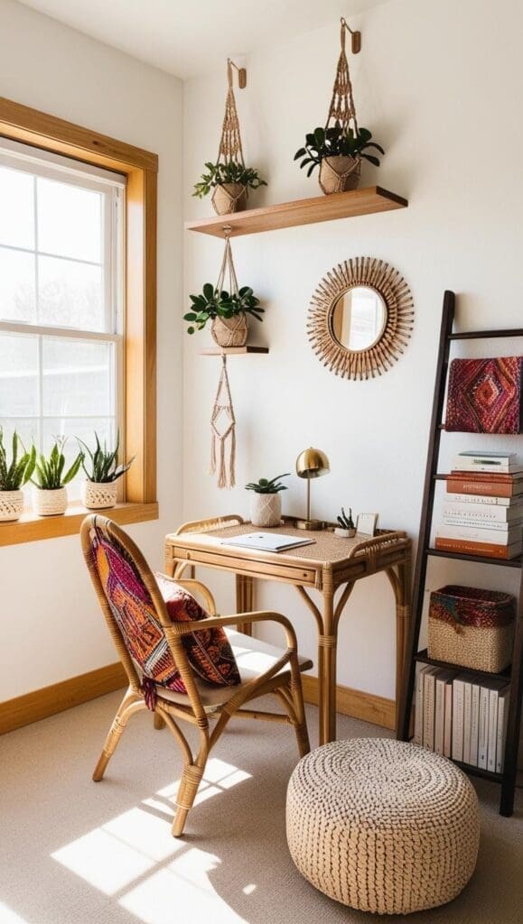 `A small boho chic therapy office featuring floating wooden shelves with potted plants and macramé planters, a compact rattan desk and folding chair with patterned cushions, a decorative sunburst mirror on the wall, and a woven storage ottoman beside a ladder shelf.`