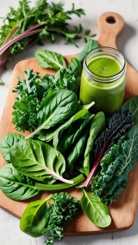 Leafy greens and a green smoothie on a wooden table, symbolizing stress-reducing superfoods.