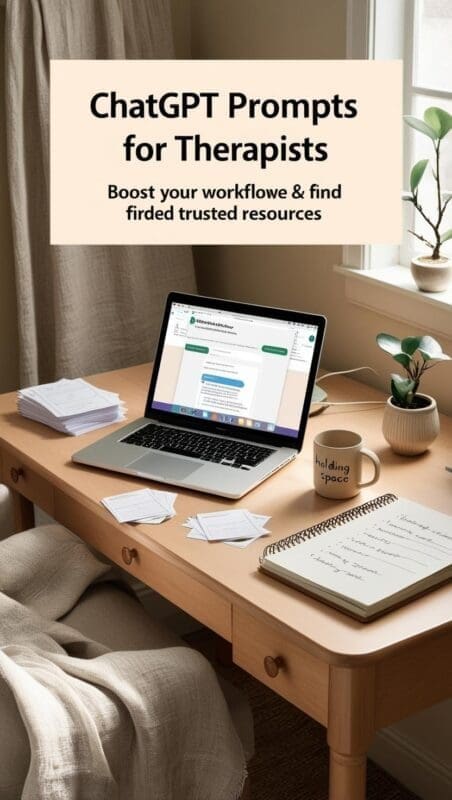 Therapist desk with a laptop showing ChatGPT, surrounded by worksheets, a notebook, and a mental health mug in a warm, modern office.