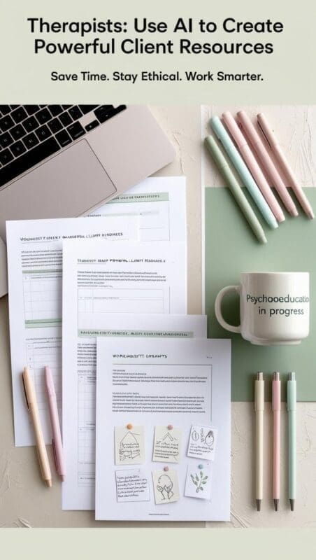 Flat lay of a laptop, worksheet drafts, pastel pens, and a cup labeled “Psychoeducation in Progress.” Clean, Pinterest-style aesthetic with light beige and soft green tones.
