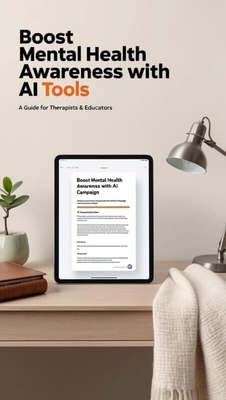 Modern iPad or laptop showing an AI script draft, next to a therapist’s journal and calming visuals (plants, soft textiles, minimal decor).