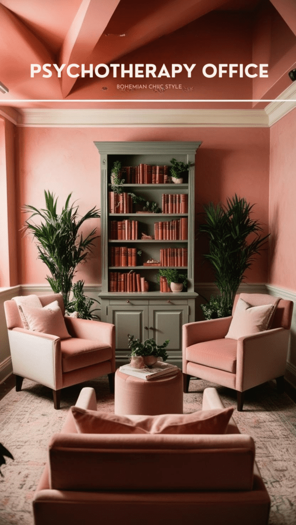 Boho therapy office olive green bookshelf with pink velvet armchairs  in the room