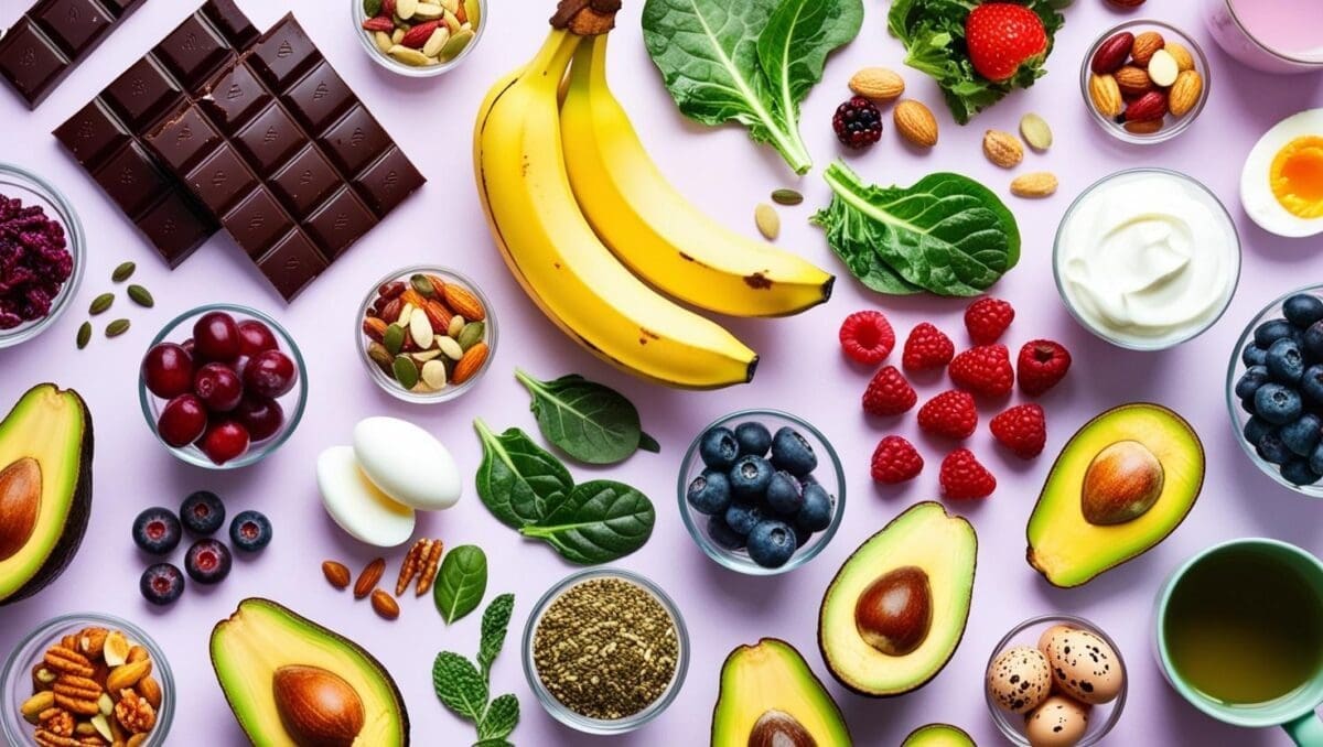 dak-chocolate-fatty-fish-bananas-leafy-greens-yogurt-berries-nuts-and-seeds-avocados-eggs-green-tea