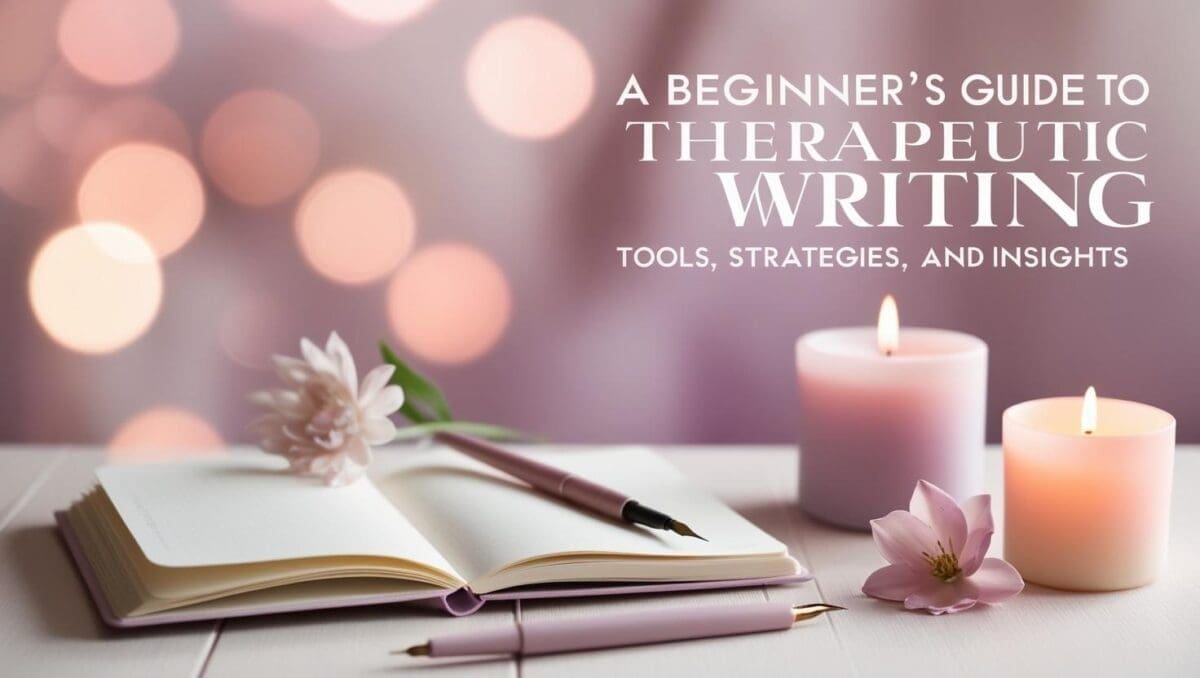 a dynamic page with items for a women like mindfulness journal, writing pen, flower on the table and candle. Bold overlay text "A Beginner's Guide to Therapeutic Writing: Tools, Strategies, and Insights". Use light femine colors.