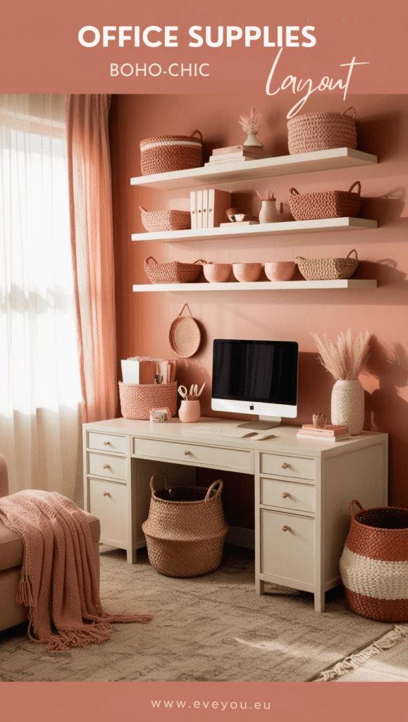 therapy office layout with floating shelves and table.