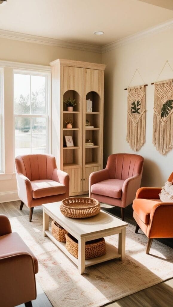 “Close-up of an office floor: natural jute rug, chair, and rattan desk organizer on a wooden table.”
