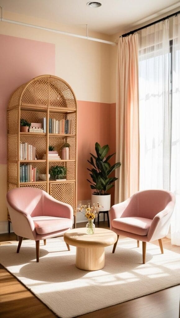 Boho chic therapy office with woven rattan chair, macramé wall hanging, potted plants and soft sunlight