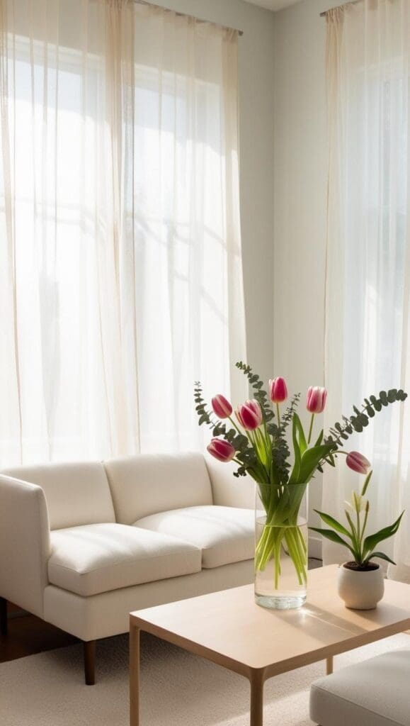 Snake plant, peace lily and a vase of fresh cherry blossoms on a minimalist shelf in a counseling room	