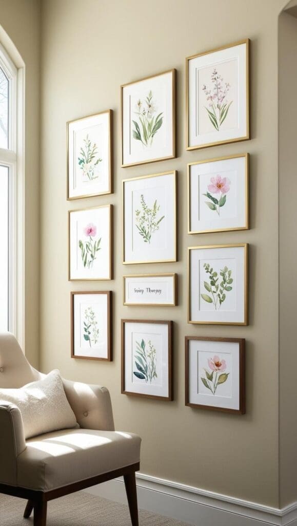 Abstract floral painting in soft colors hung above a small console table with a potted plant	