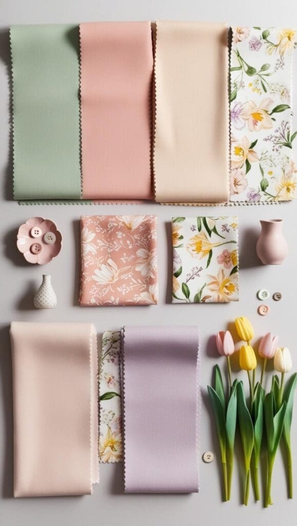 Paint swatches in blush pink, mint green and soft beige laid on a clean white tabletop	