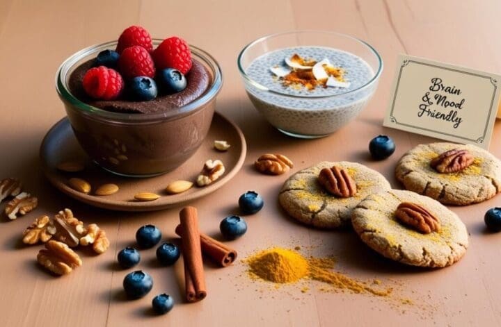 Healthy anti-inflammatory desserts on a rustic table with brain-boosting ingredients like berries, walnuts, dark chocolate, and chia seeds.
