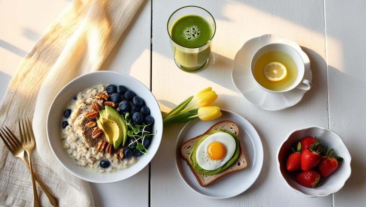 Spring brain-boosting breakfast flat lay with oatmeal, smoothie, avocado toast, and tea, styled in a bright, fresh setting.