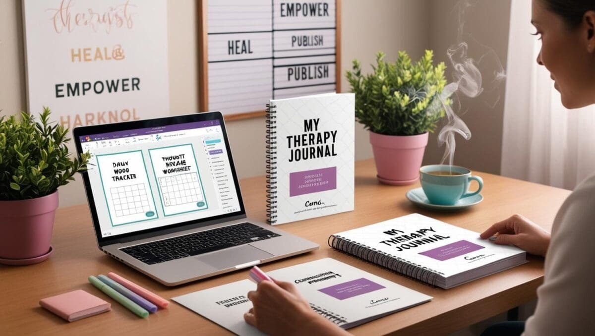 Creative desk with therapeutic journal designs on screen and print, surrounded by healing prompts, self-care tools, and calming workspace decor for therapists creating digital products.