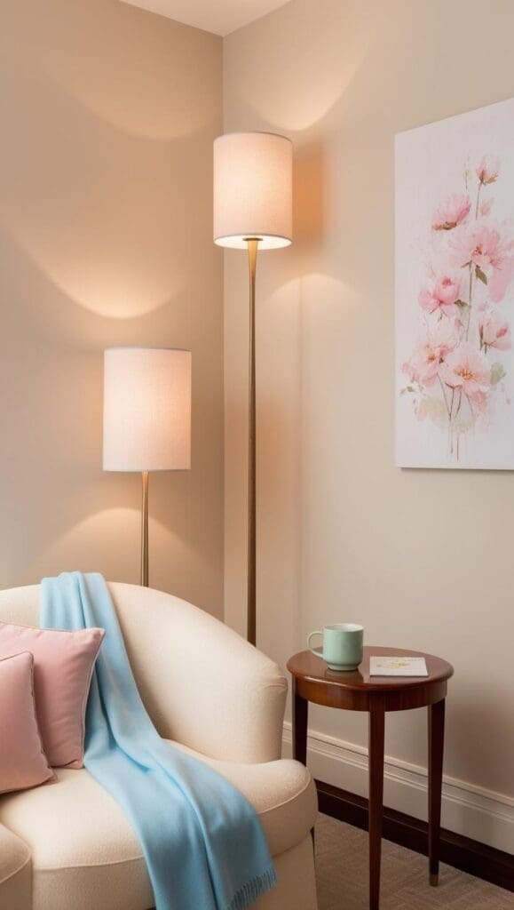 Colorfull throw blanket and pastel throw pillows arranged on a neutral sofa with a woven jute rug beneath	