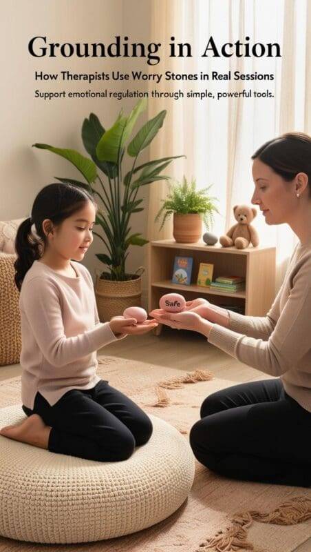 Child therapist kneeling beside a young client, gently placing a handmade worry stone into the child’s hand during a calm, supportive therapy session in a warm, sensory-friendly room.