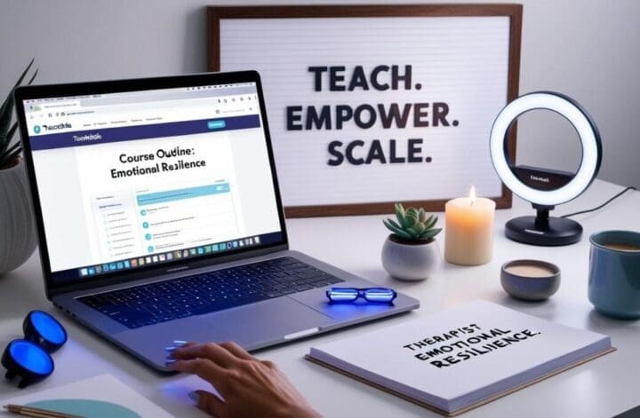 Therapist’s digital workspace for creating a therapy-based online course, with laptop, vision board, course outline notebook, and cozy, creative decor.