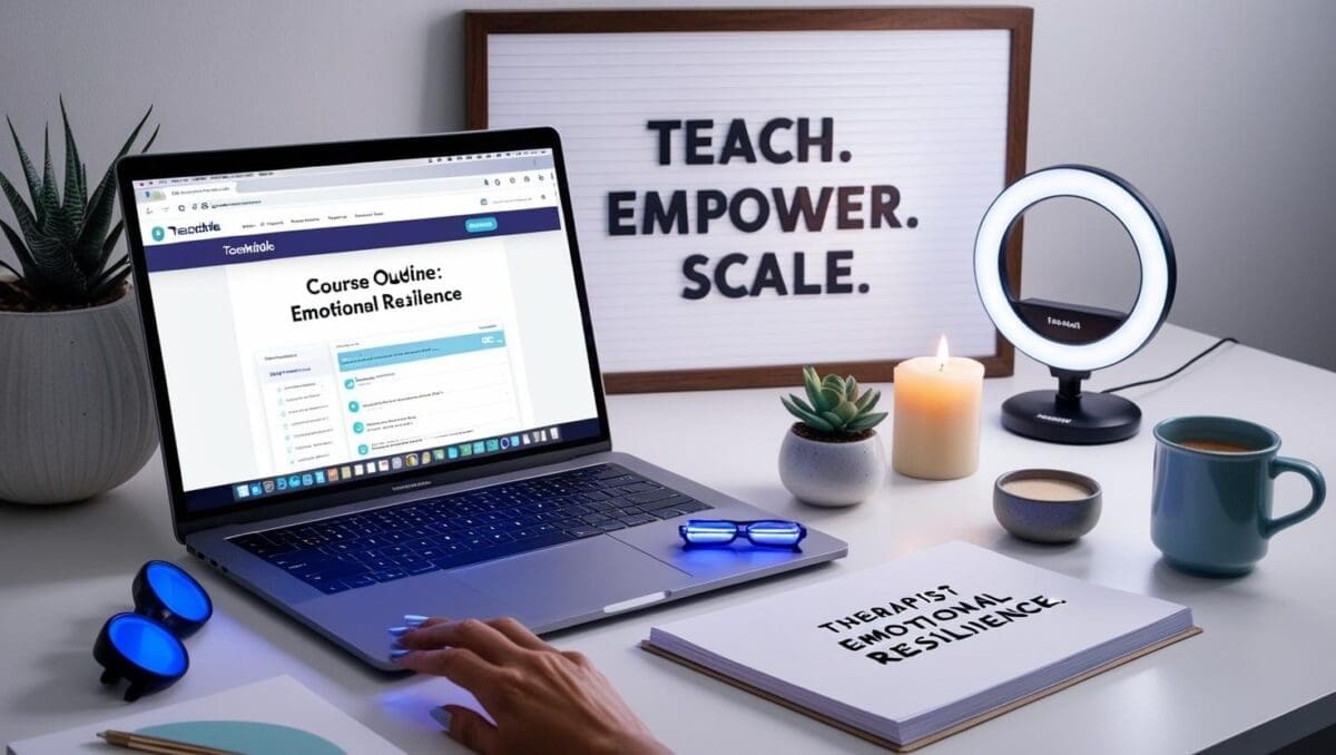 Therapist’s digital workspace for creating a therapy-based online course, with laptop, vision board, course outline notebook, and cozy, creative decor.