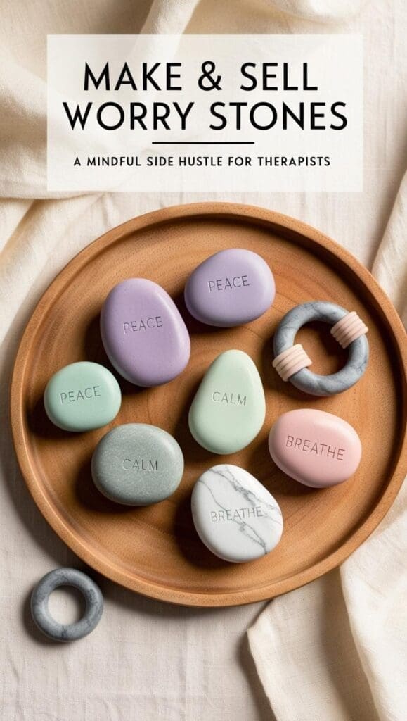 therapist working on a side hustle from home selling worry stones