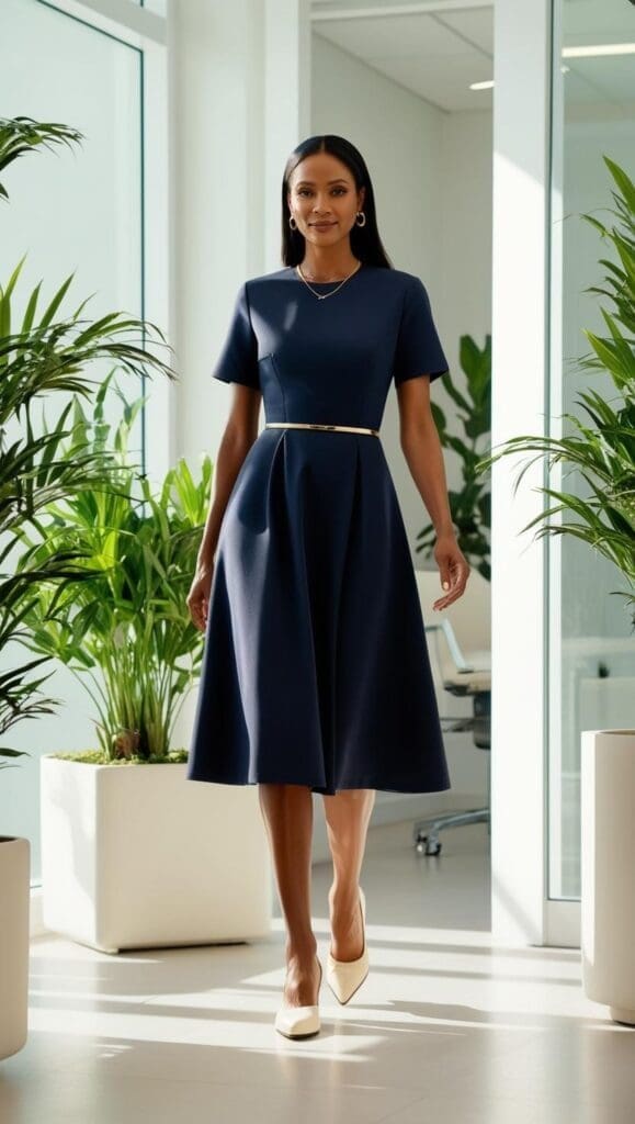 “Therapist entering a modern office in a navy A-line dress, nude pumps, and gold necklace, with plants and soft décor behind her.”